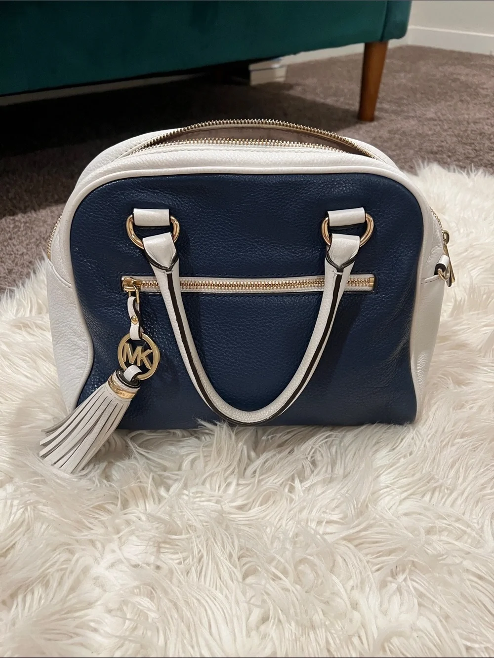 Michael Kors Navy and White Dome Satchel with Tassel Charm
